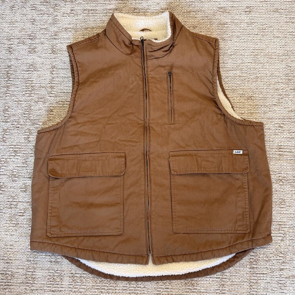 LEE Mens Sherpa Lined Workwear Canvas Vest Size XXL Brown Tan Zip Pockets